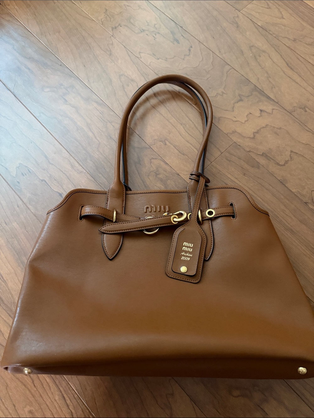 Miu Miu Cognac Brown Leather Tote with Gold Hardware